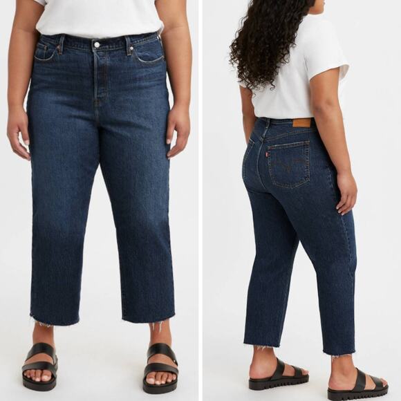 NWT LEVI'S JEANS PREMIUM WEDGIE STRAIGHT ANKLE FRAY DARK BLUE SALSA ROLL - Picture 1 of 15